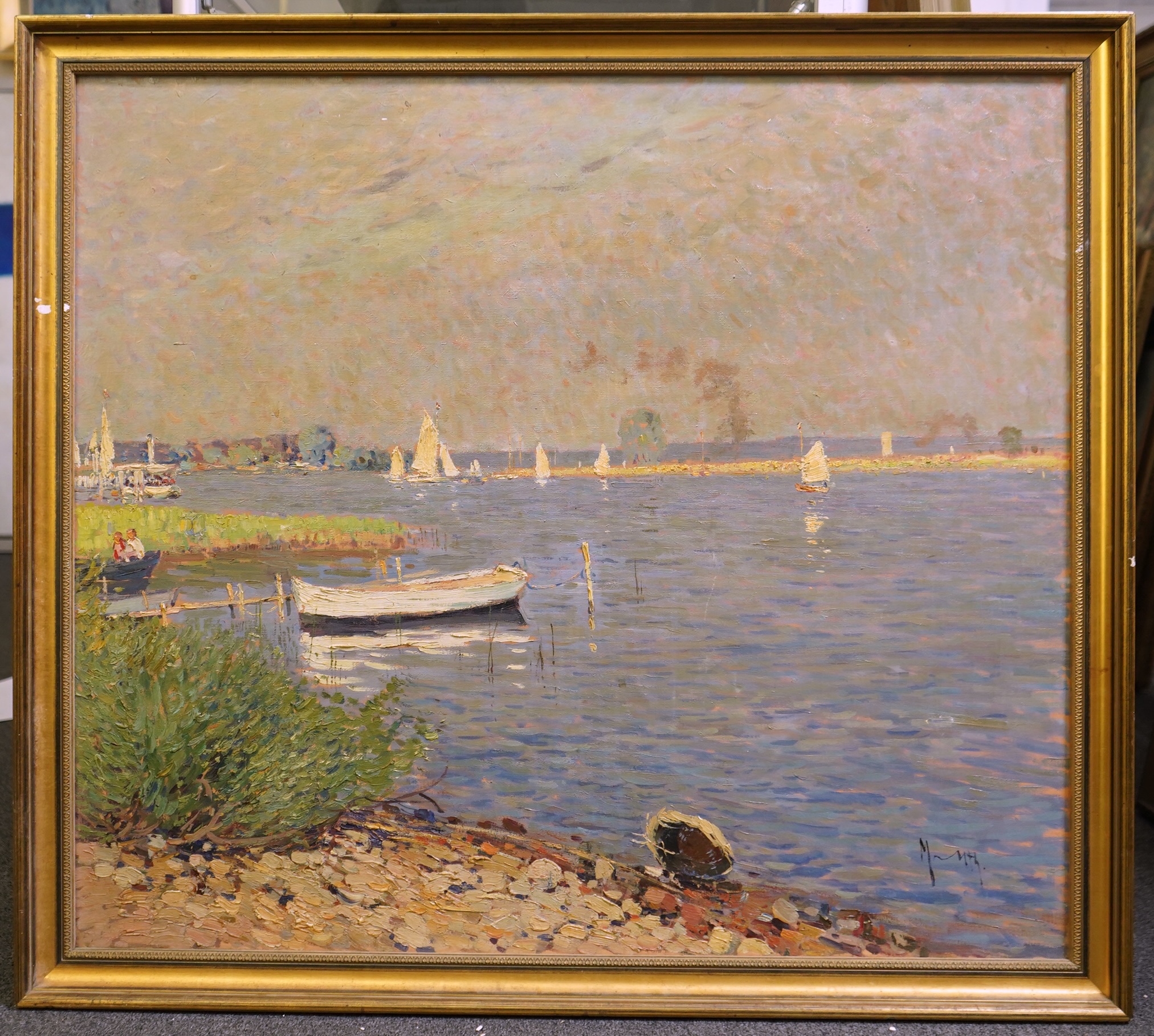 Early 20th century German School , Leisure boats on a lake, oil on canvas, 74 x 84cm